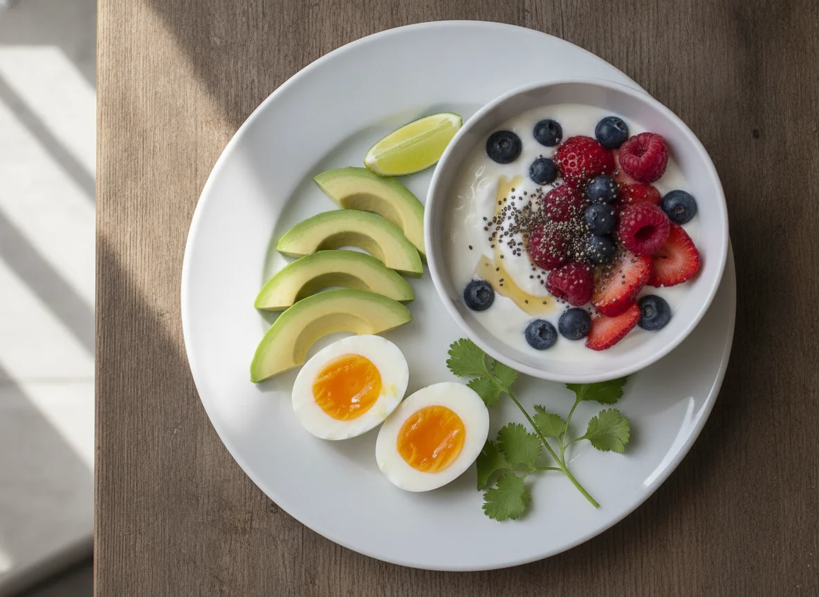 Desayuno con huevos, aguacate y yogur photo