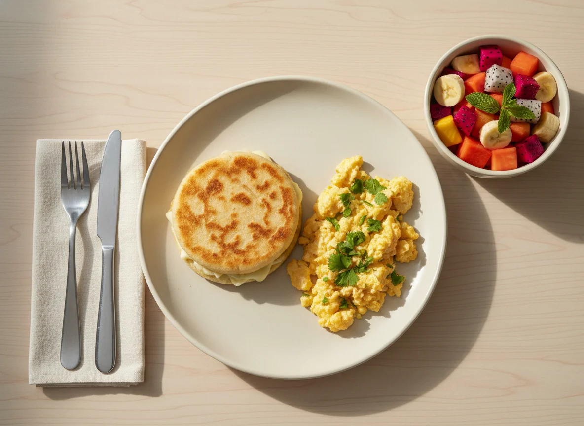 Desayuno con huevos, arepa y ensalada de frutas photo