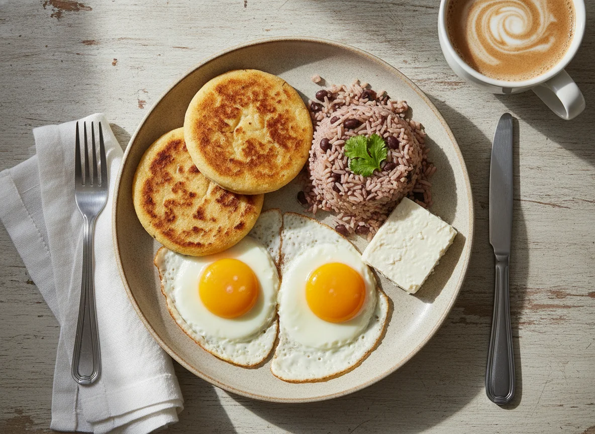 Desayuno con huevos, arepas, gallo pinto y queso photo