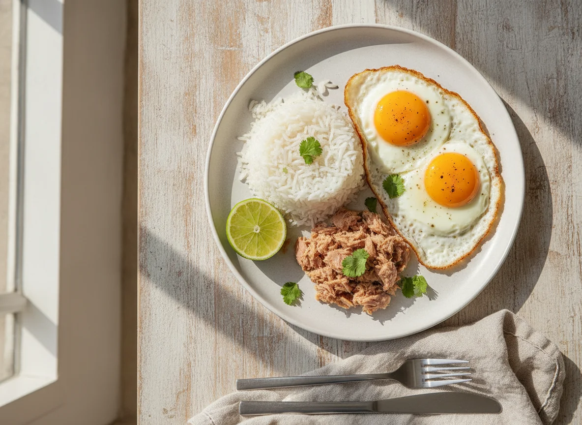Desayuno con huevos, arroz y atún photo