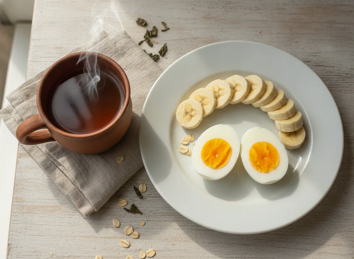 Desayuno con huevos, banana y bebida caliente photo