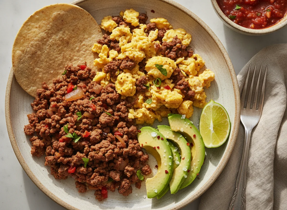 Desayuno con huevos, carne picada y aguacate photo
