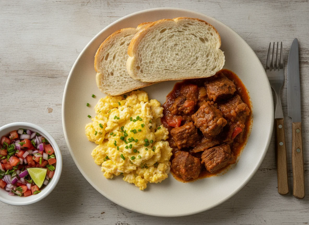 Desayuno con huevos, carne y pan photo