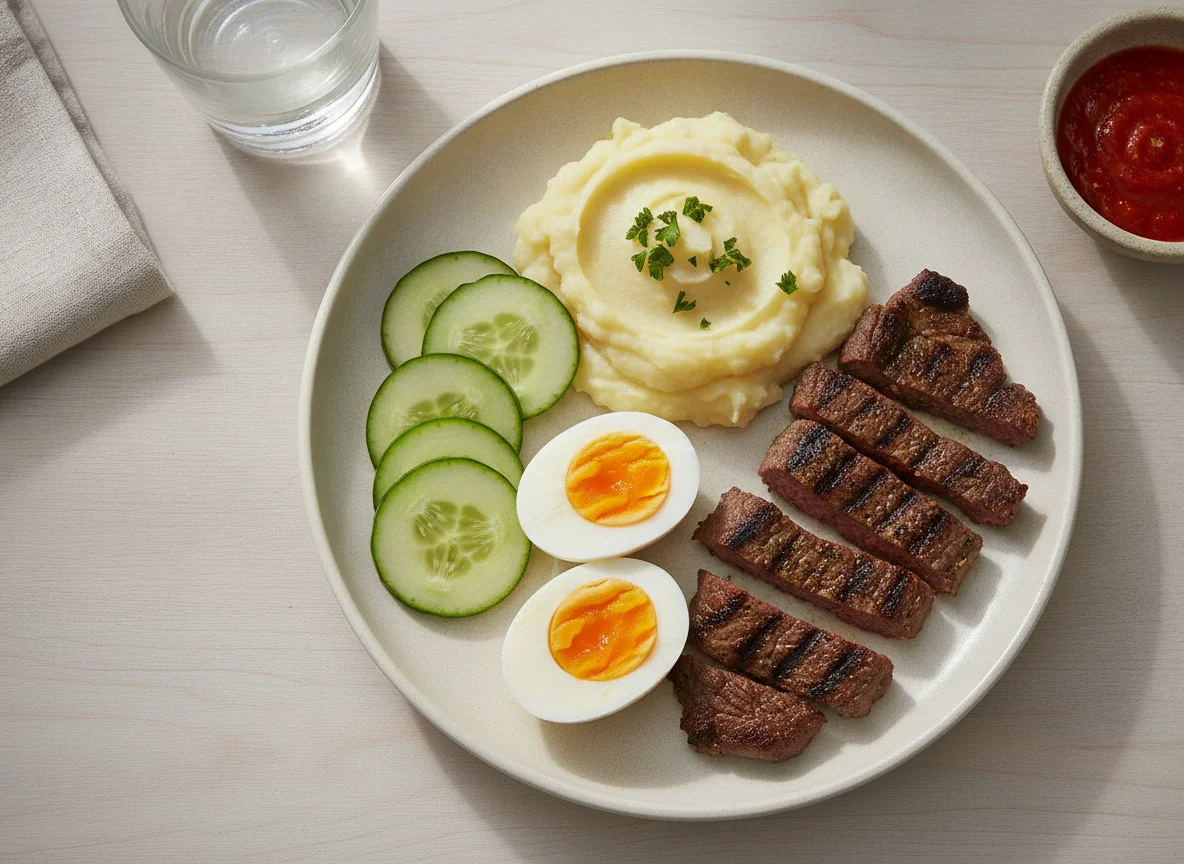 Desayuno con huevos, carne y pepino photo