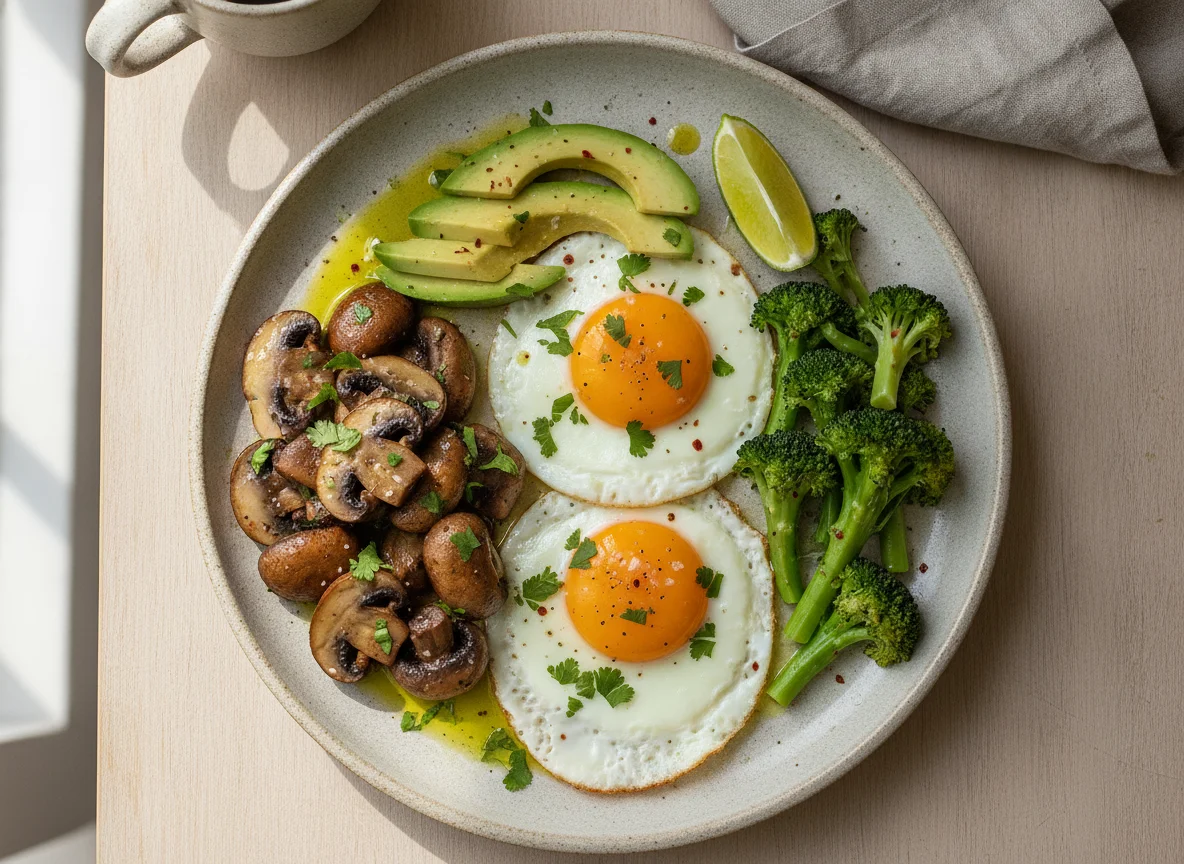 Desayuno con huevos, champiñones y aguacate photo