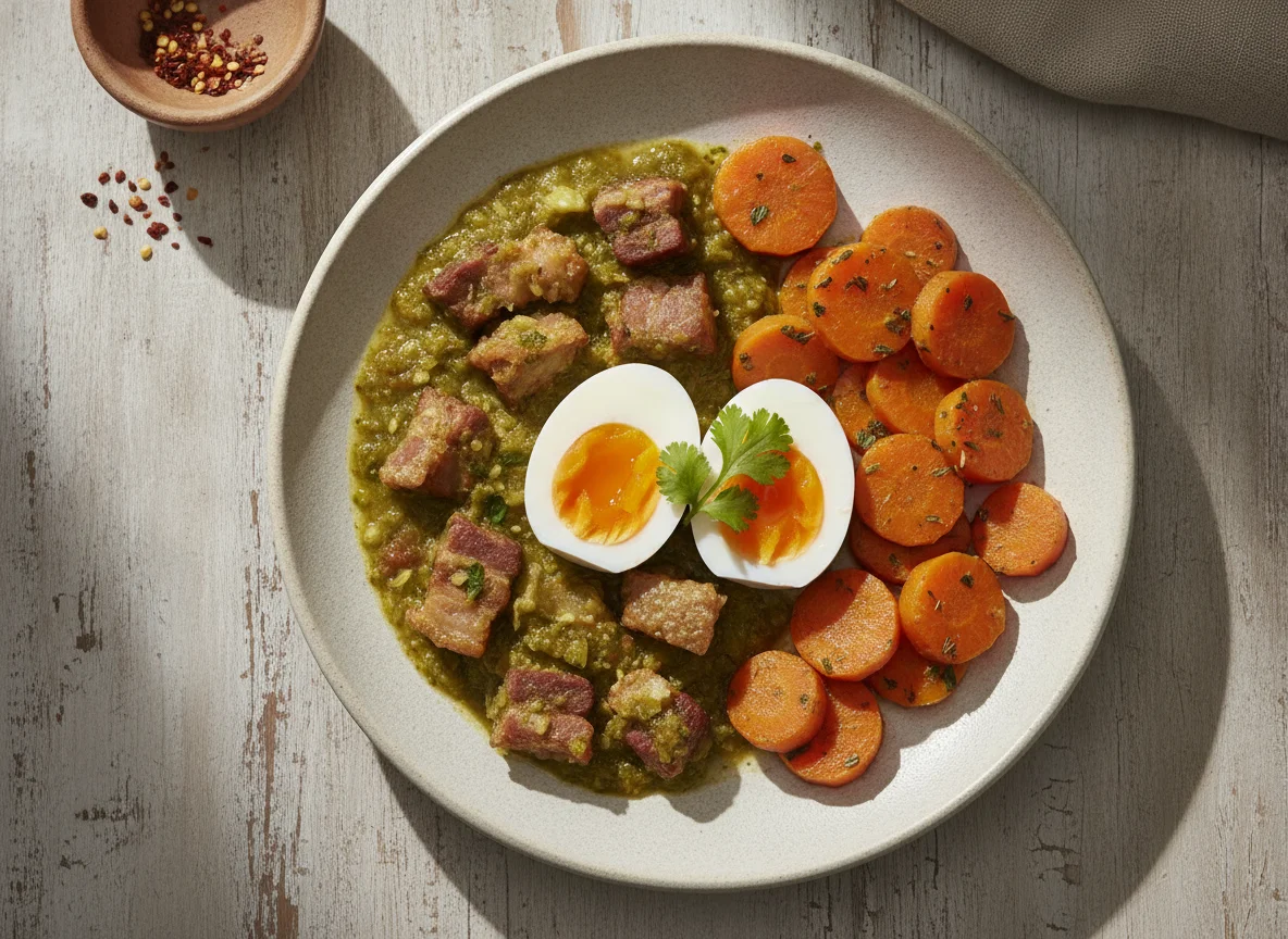 Desayuno con huevos, chicharrón en salsa verde y zanahorias guisadas photo