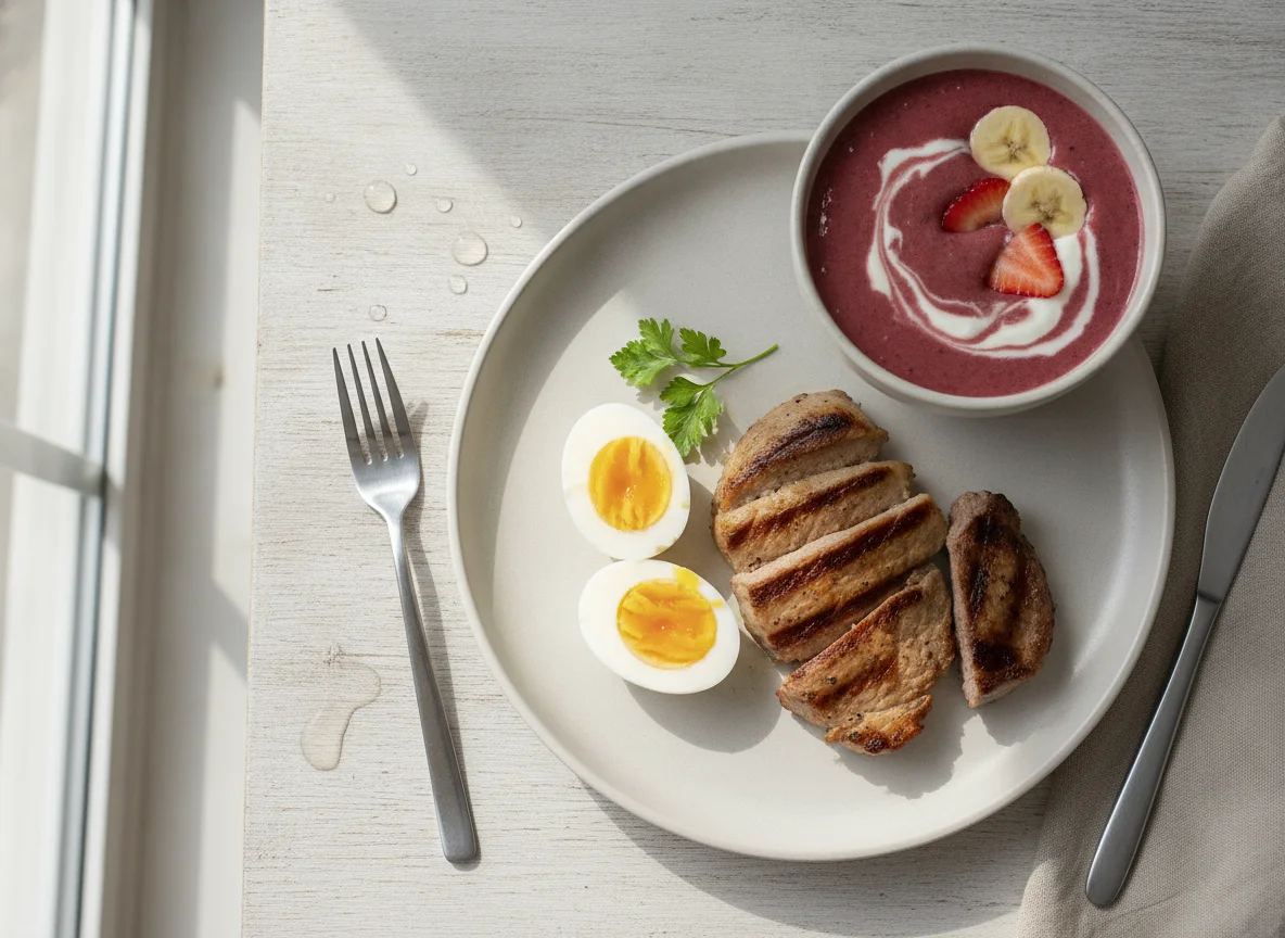 Desayuno con huevos cocidos, carne y batido de frutas photo