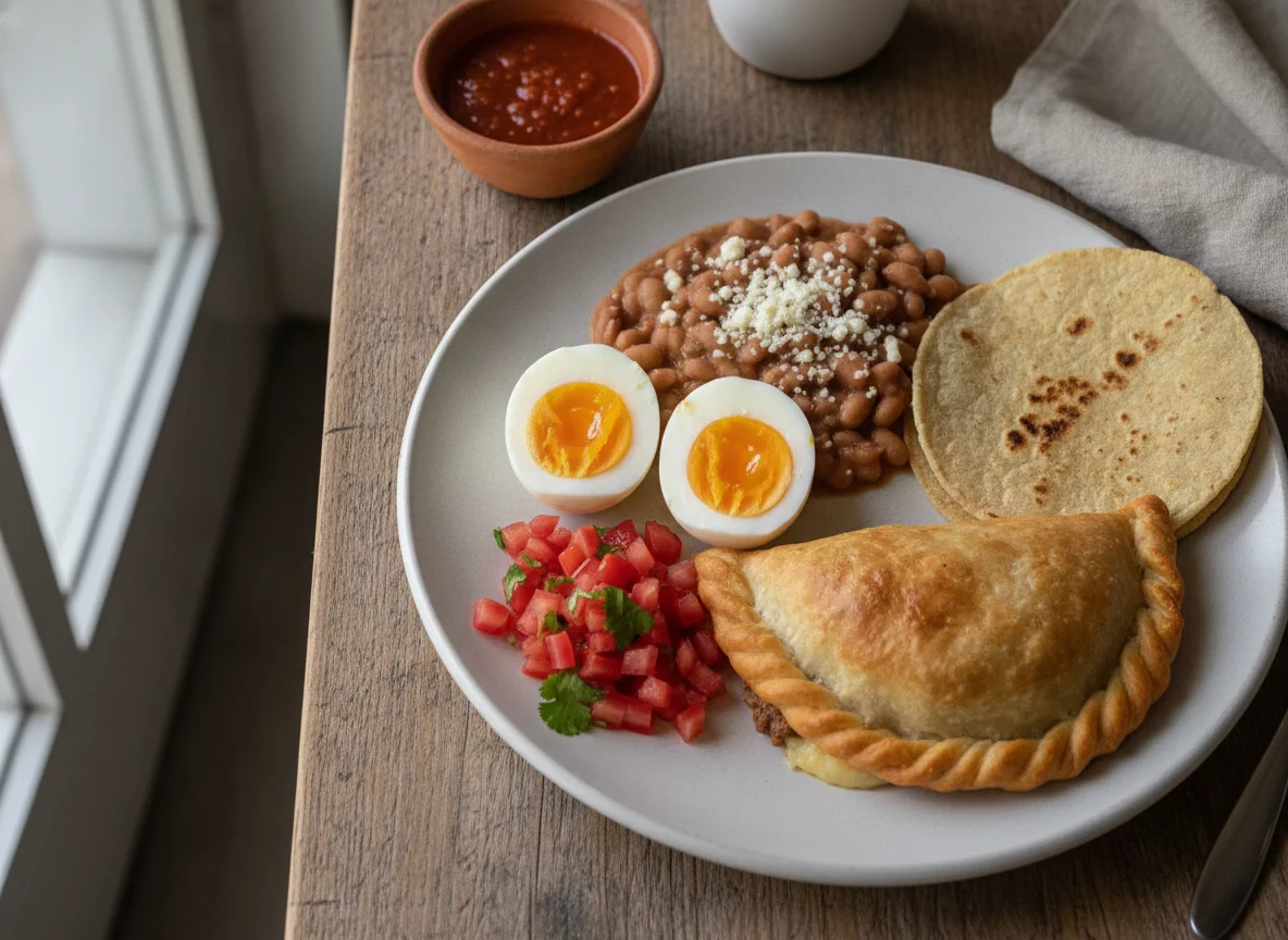 Desayuno con huevos cocidos, frijoles, jitomate, tortilla y empanada photo