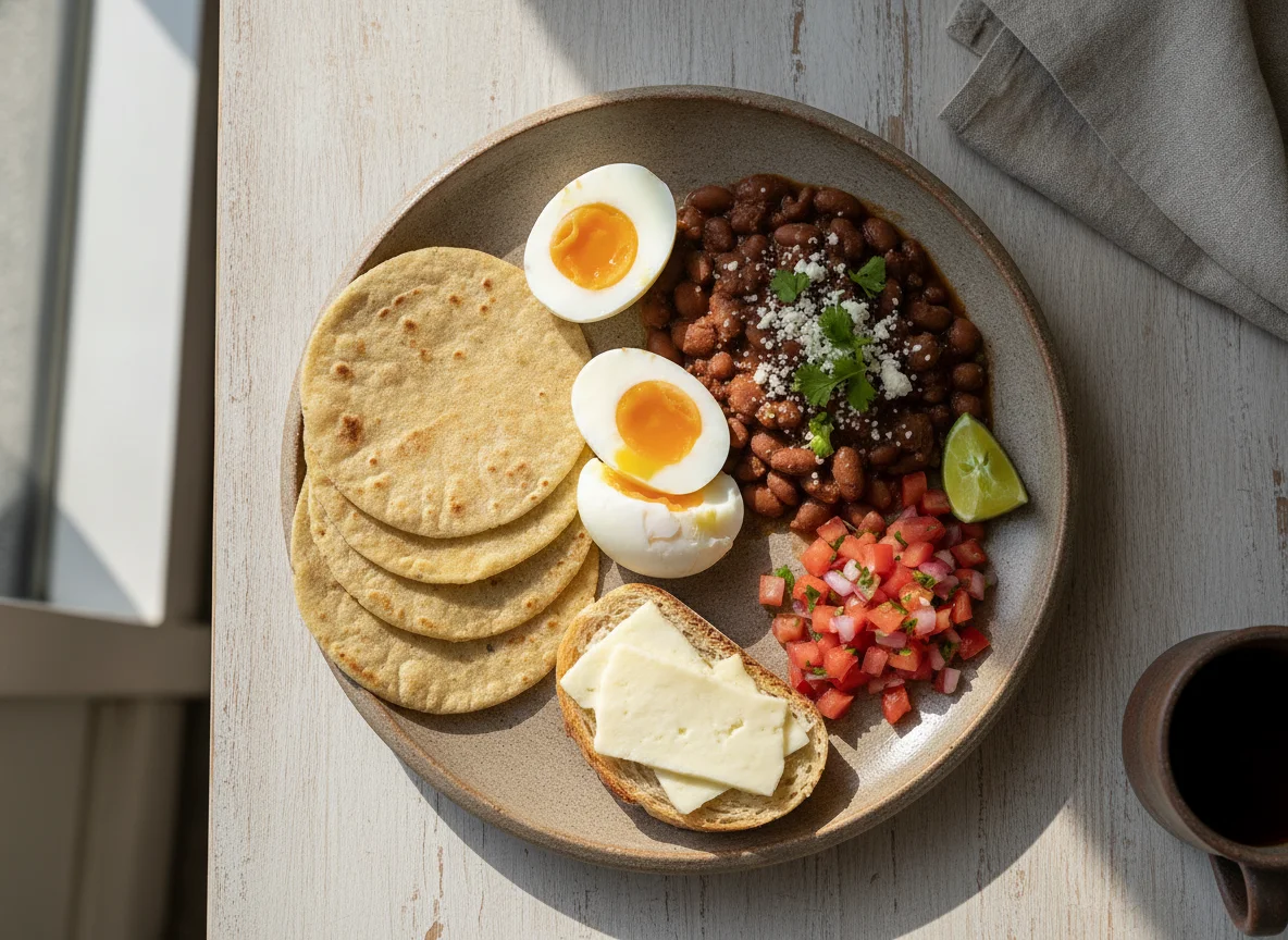 Desayuno con huevos cocidos, frijoles, jitomate y pan photo