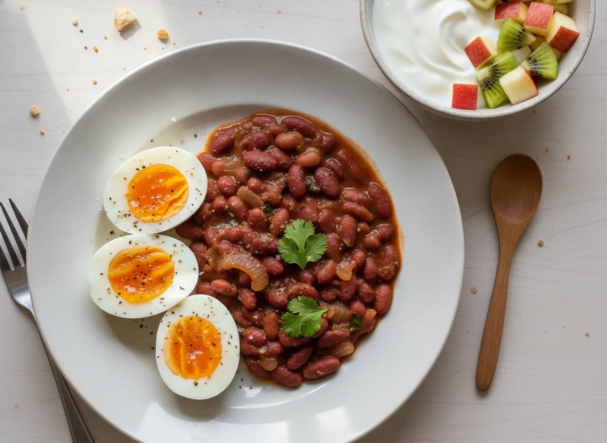 Desayuno con huevos cocidos, frijoles rojos y ensalada de frutas con yogur photo