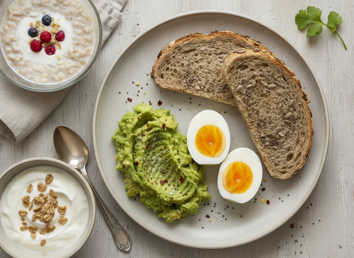 Desayuno con huevos cocidos, palta y pan integral photo