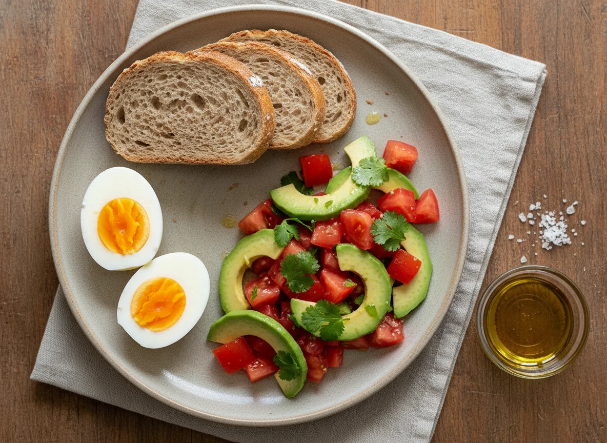 Desayuno con huevos cocidos, pan integral y ensalada de tomate y aguacate photo