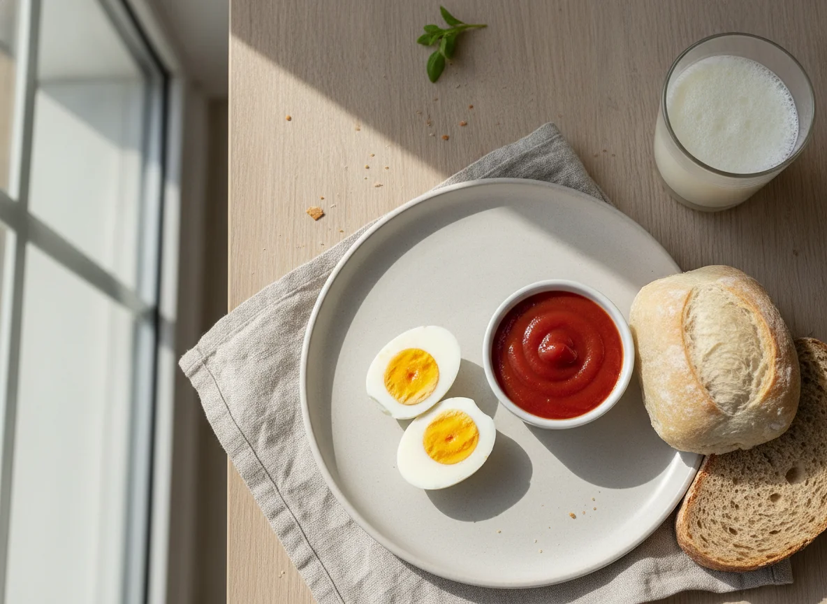Desayuno con huevos cocidos, pan y leche photo