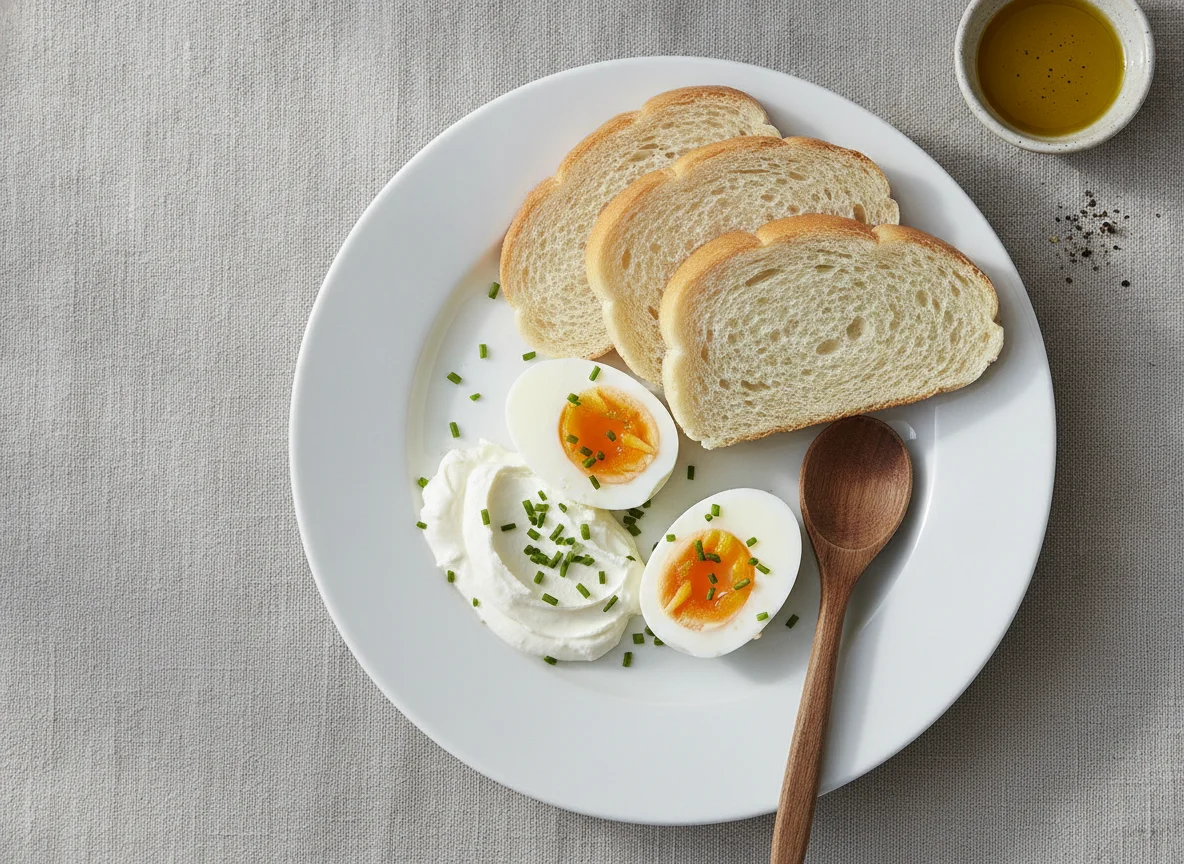 Desayuno con huevos cocidos, queso crema y pan photo