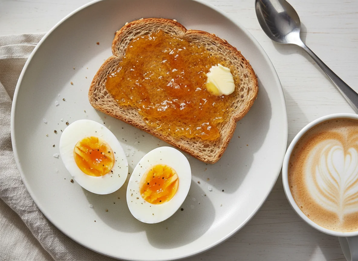 Desayuno con huevos cocidos, tostada con mermelada y café con leche photo