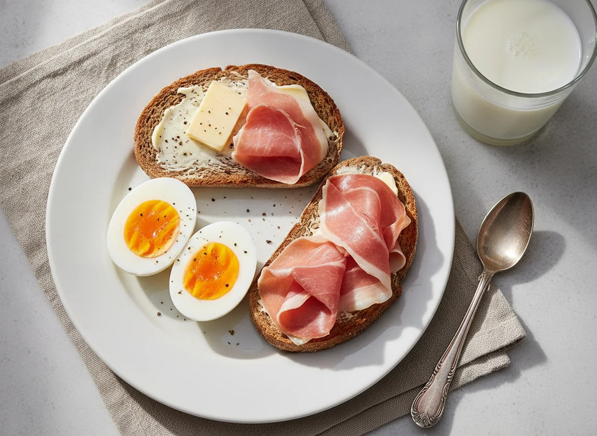 Desayuno con huevos cocidos, tostadas de jamón cocido y leche photo