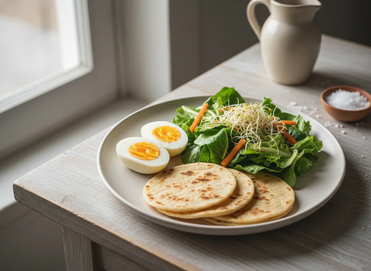 Desayuno con huevos duros, ensalada y tortilla photo