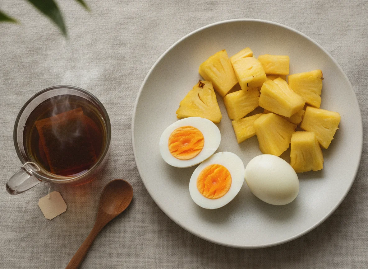Desayuno con huevos duros, piña y té photo