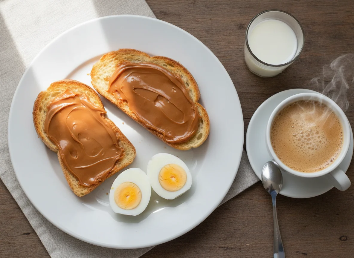 Desayuno con huevos duros, tostadas con dulce de leche y café con leche photo