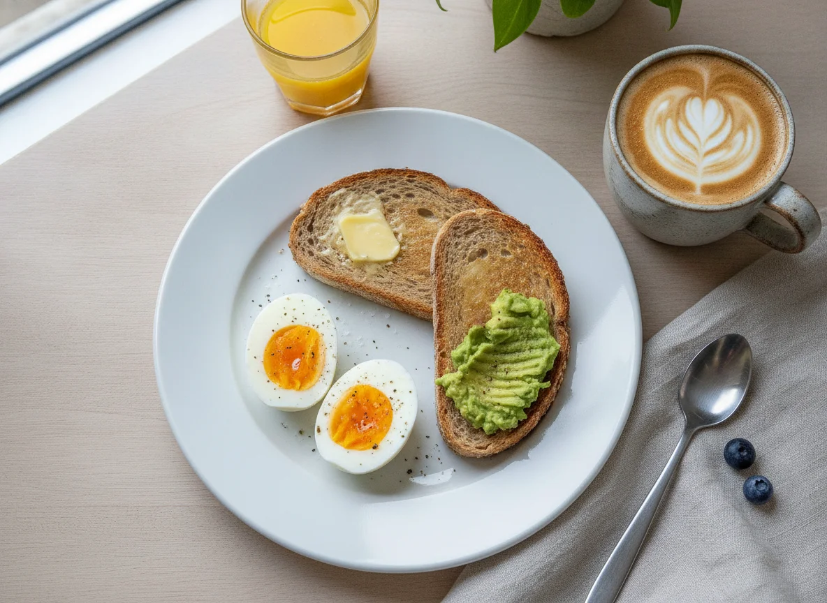 Desayuno con huevos duros, tostadas integrales y café con leche photo