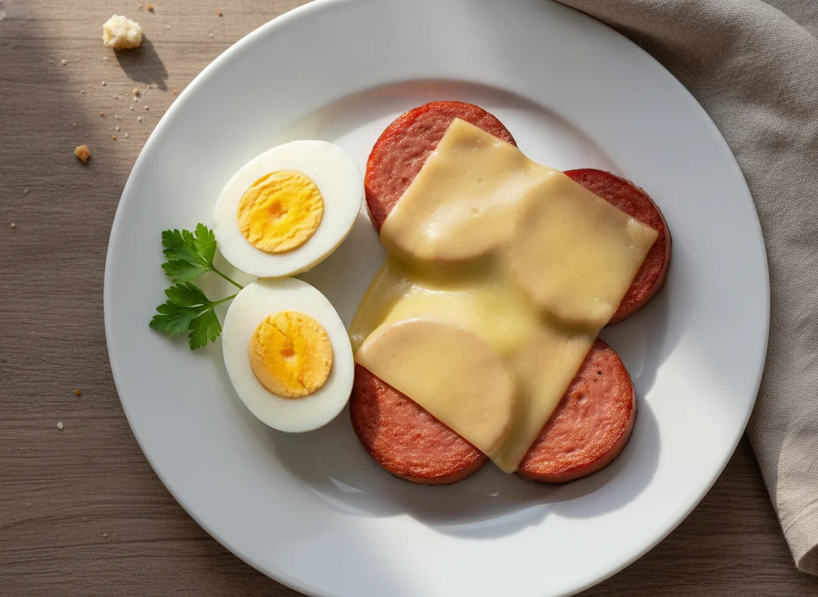 Desayuno con huevos duros y salchicha con queso photo