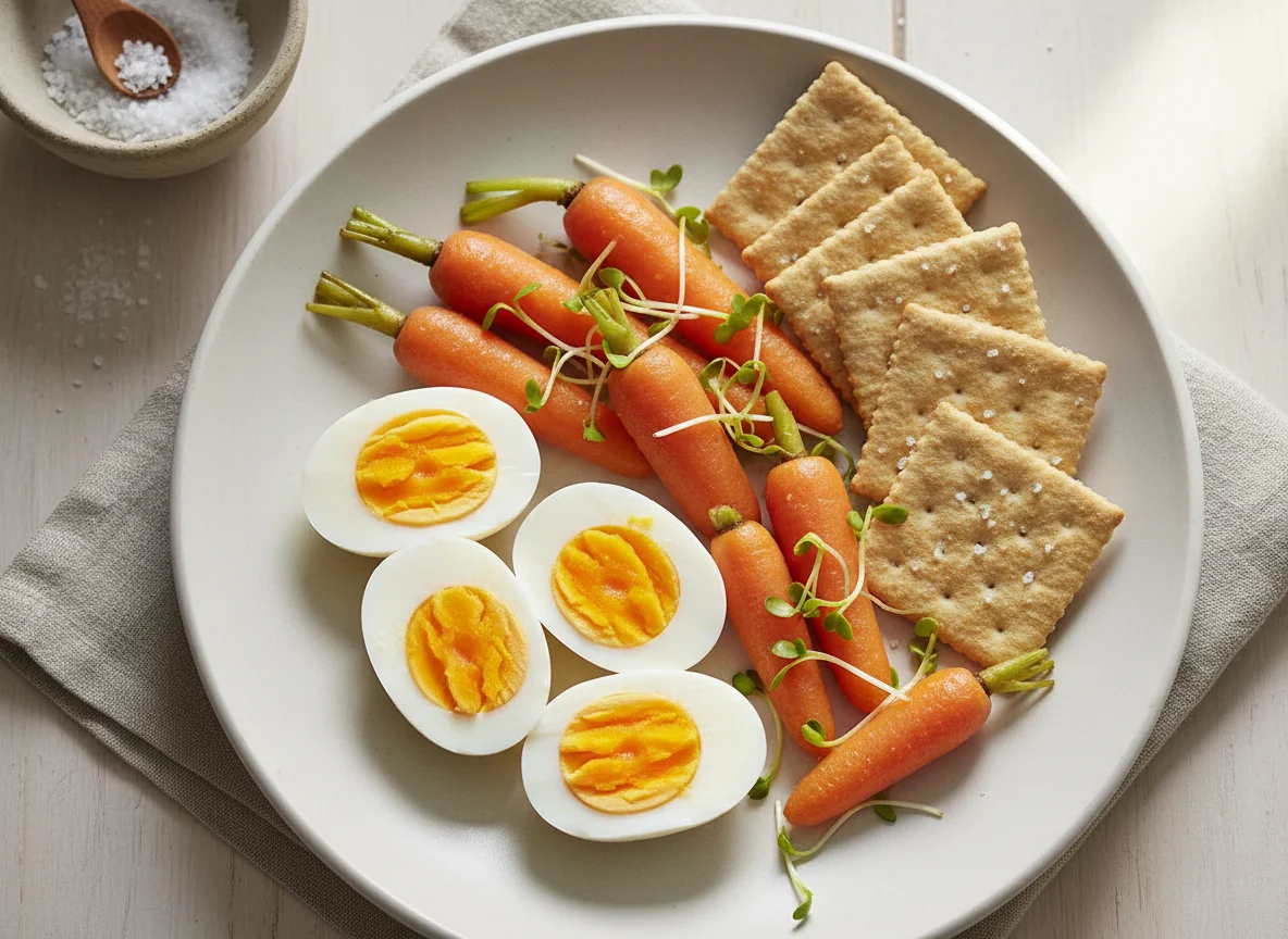 Desayuno con huevos duros, zanahorias y galletas saladas photo