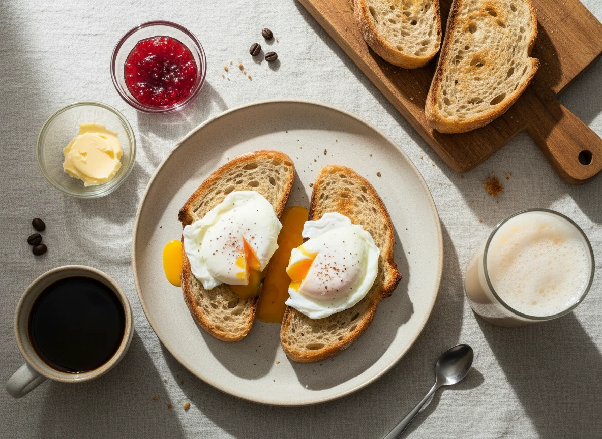 Desayuno con huevos escalfados y tostada photo