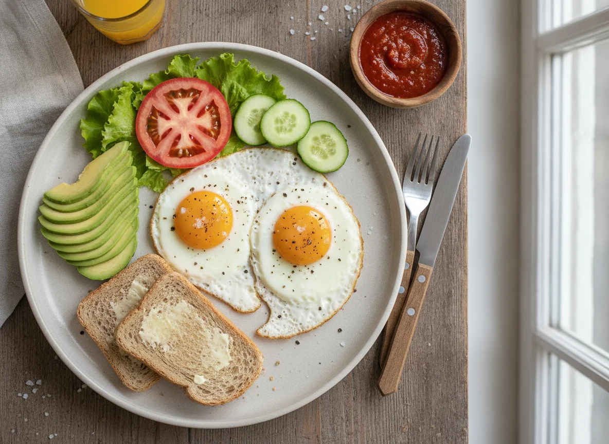 Desayuno con huevos estrellados, aguacate y pan integral photo