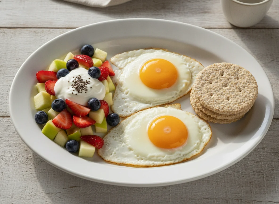 Desayuno con huevos estrellados, galletas de soda y ensalada de frutas photo