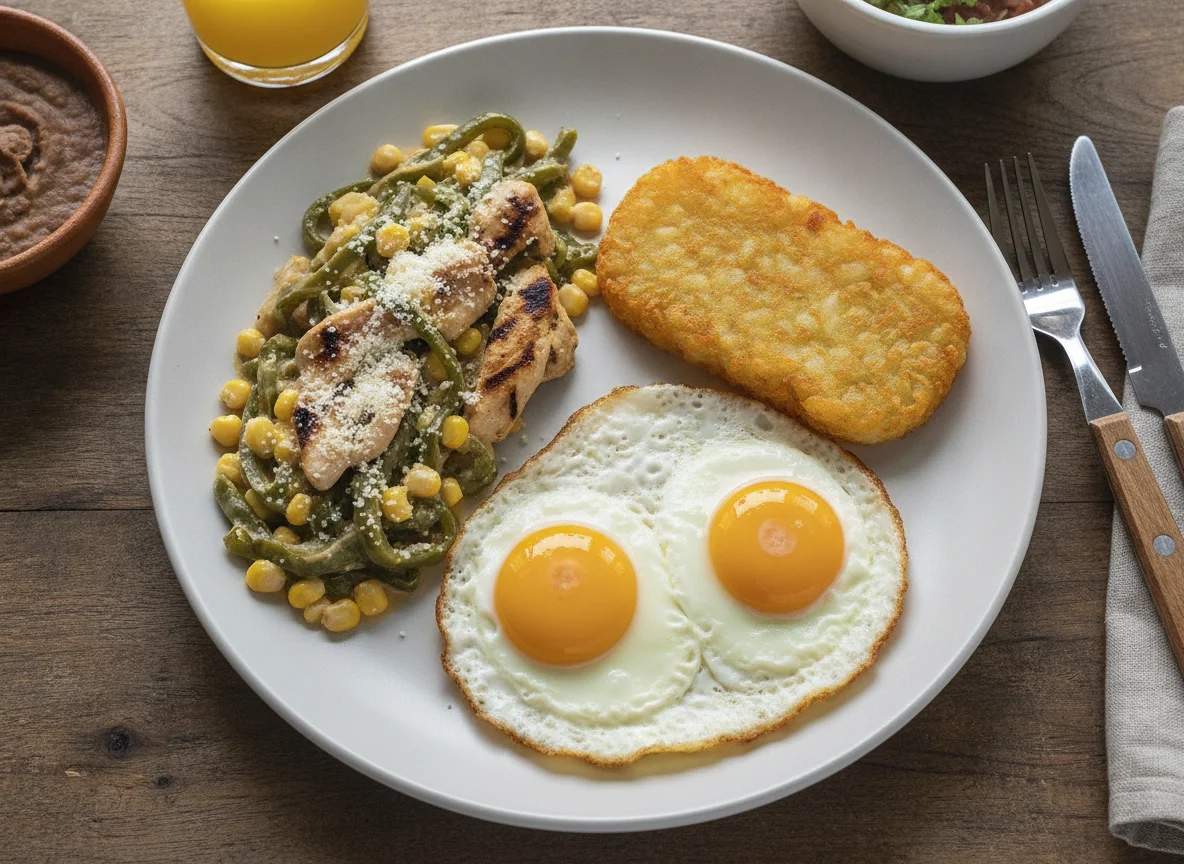 Desayuno con huevos estrellados, hash brown y rajas con crema photo