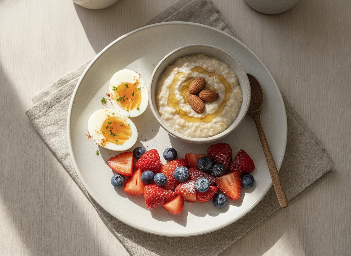 Desayuno con huevos, fresas y avena photo