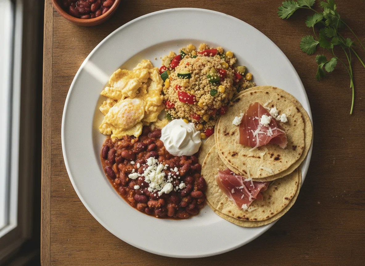 Desayuno con huevos, frijoles, cuscús y tortillas photo