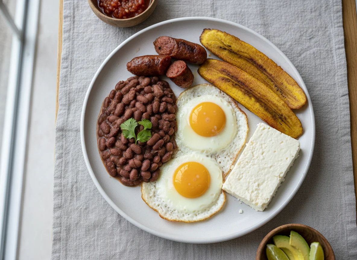 Desayuno con huevos, frijoles, plátano frito, queso y salchichas photo