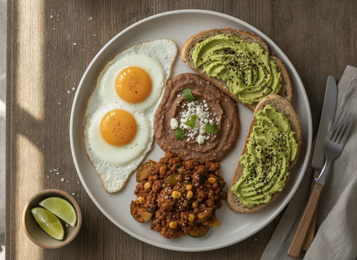 Desayuno con huevos, frijoles refritos, calabacitas con carne y pan con aguacate photo