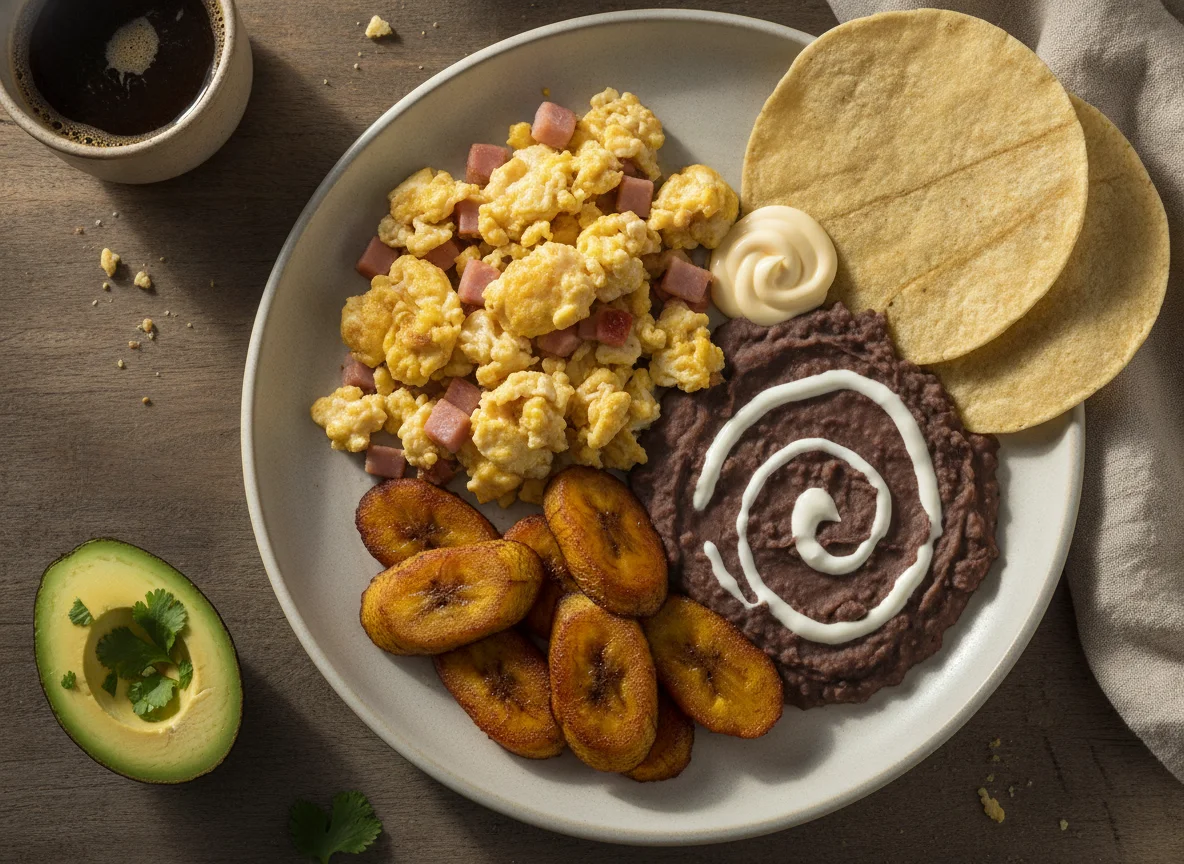 Desayuno con huevos, frijoles y plátano frito photo