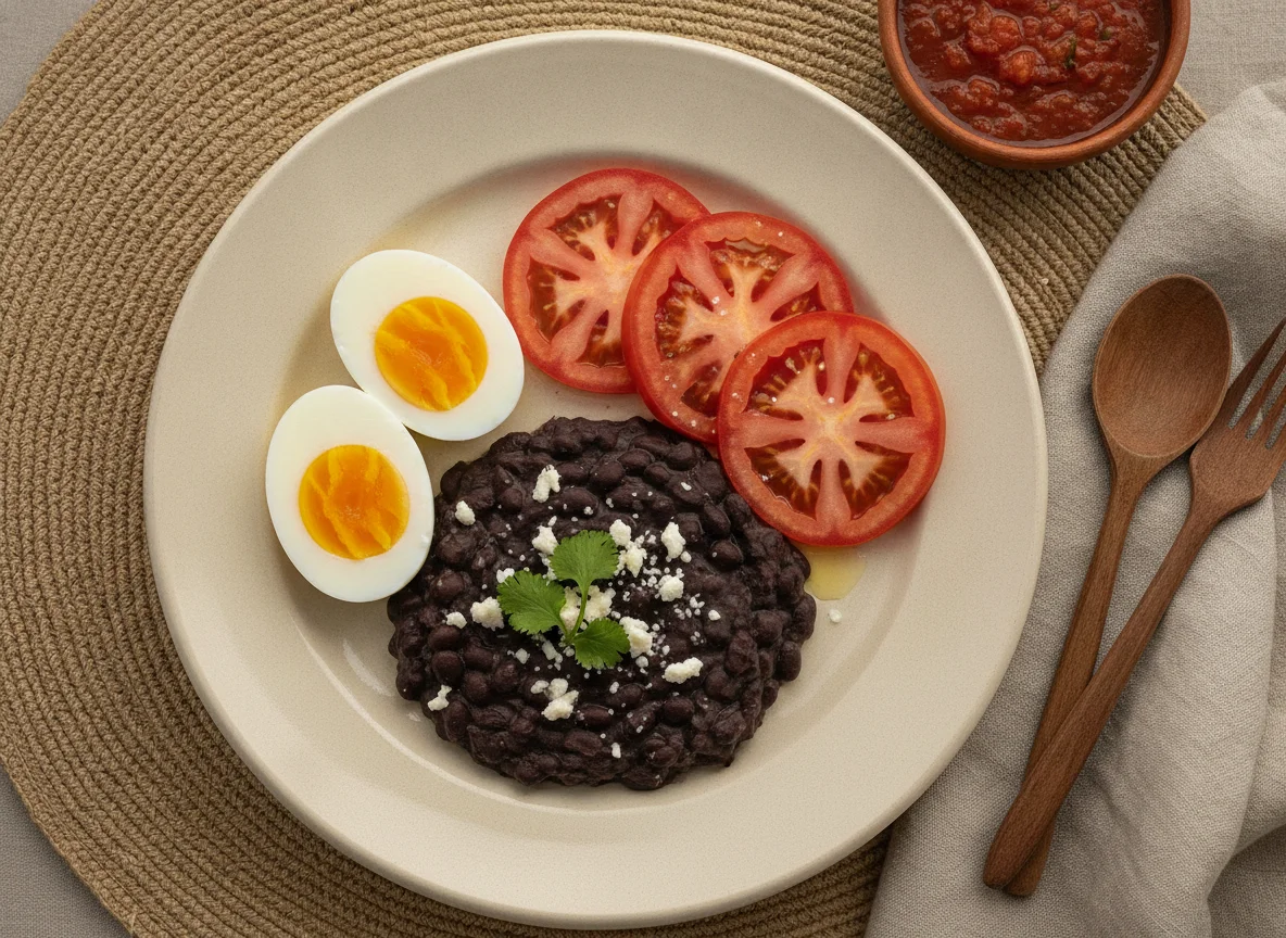 Desayuno con huevos, frijoles y tomate photo