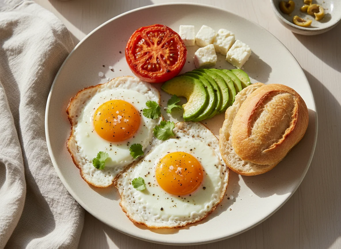 Desayuno con huevos fritos, aguacate y pan photo