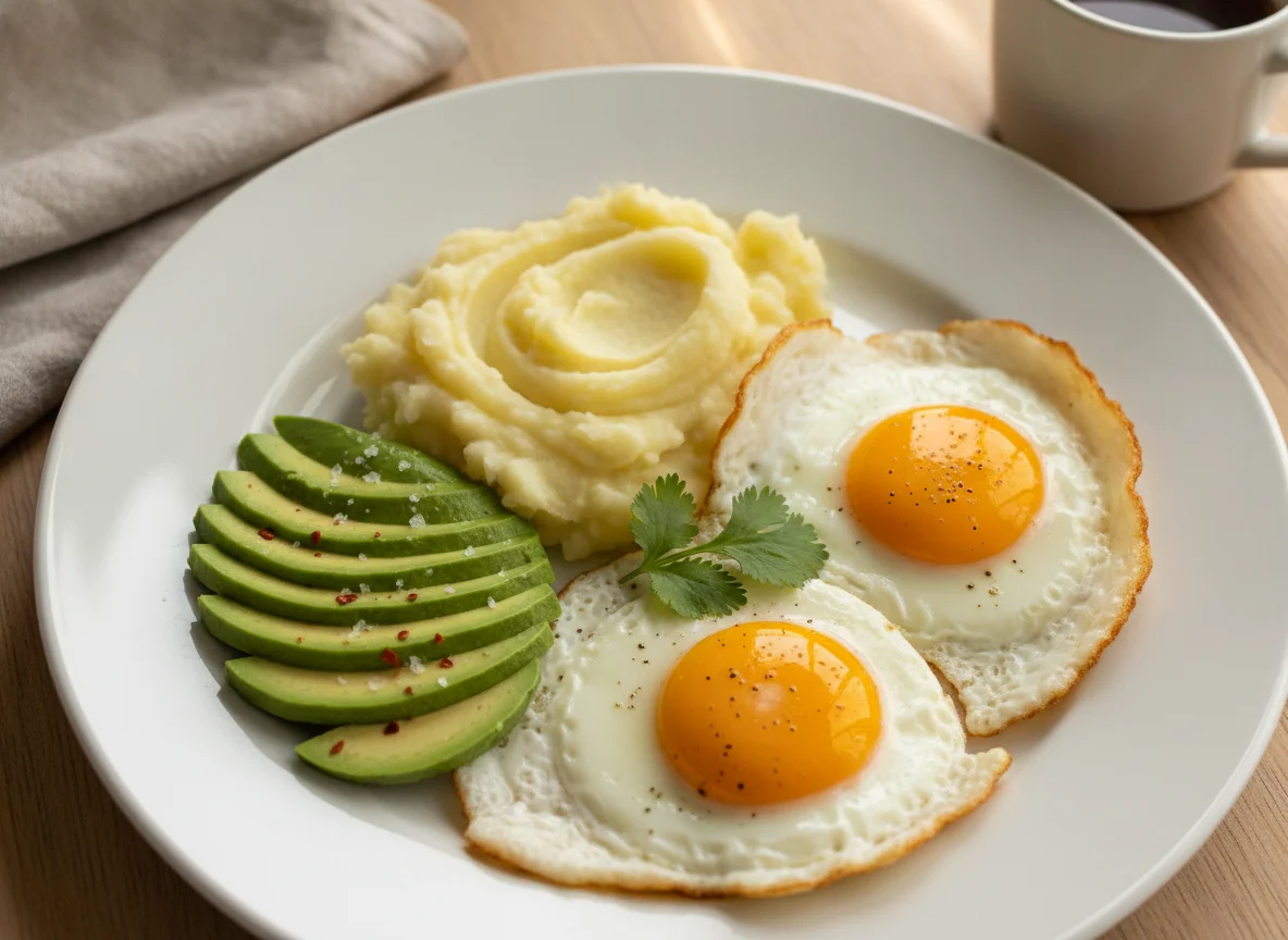 Desayuno con huevos fritos, aguacate y puré de papa photo