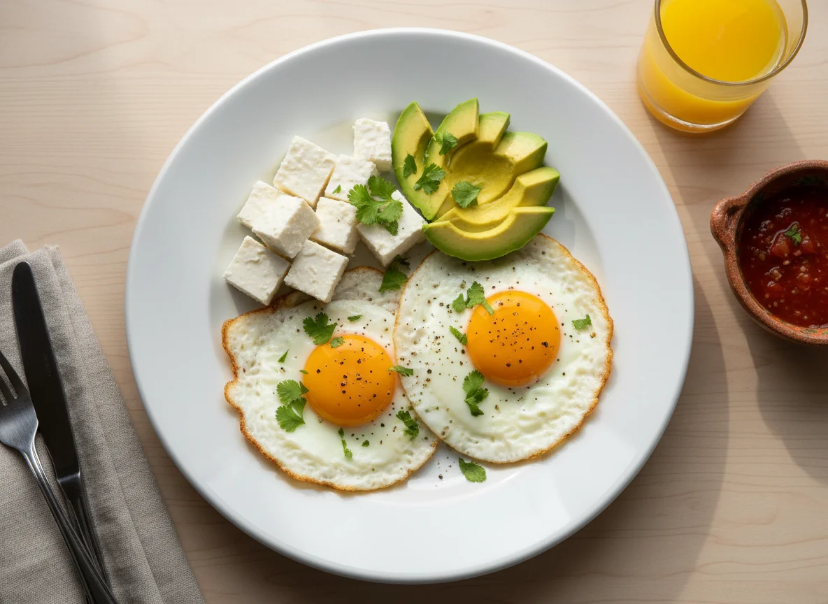 Desayuno con huevos fritos, aguacate y queso photo