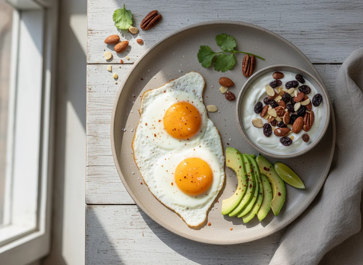 Desayuno con huevos fritos, aguacate y yogur con frutos secos photo