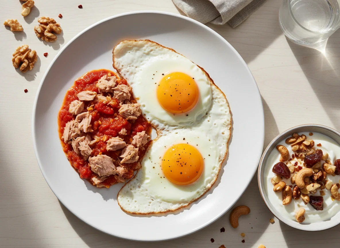 Desayuno con huevos fritos, atún y frutos secos photo