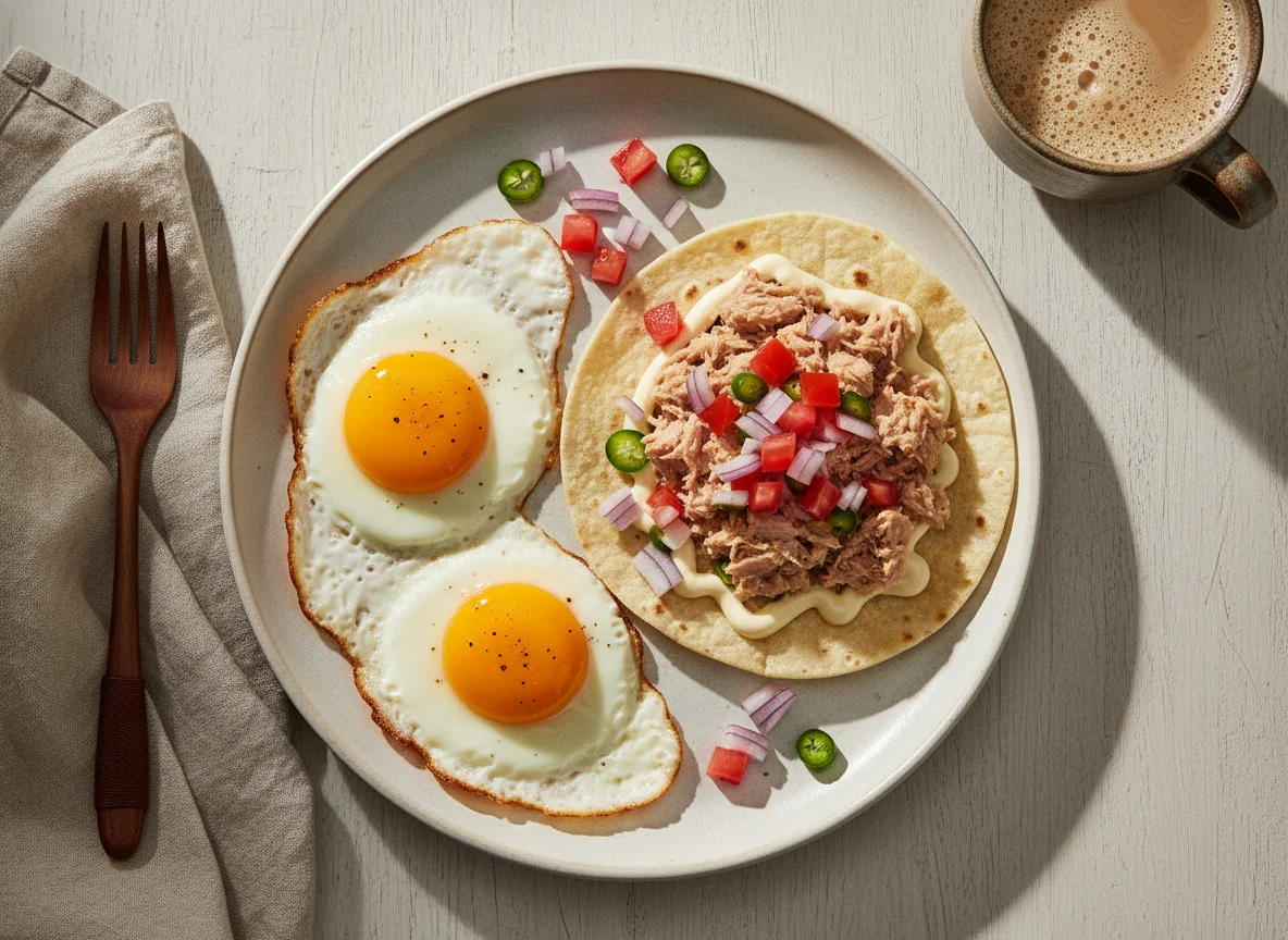 Desayuno con huevos fritos, atún y pico de gallo photo