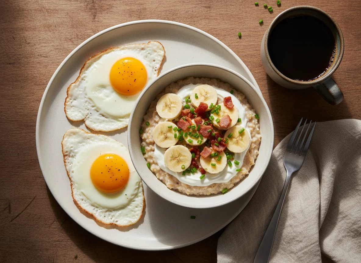 Desayuno con huevos fritos, avena con banano y café photo