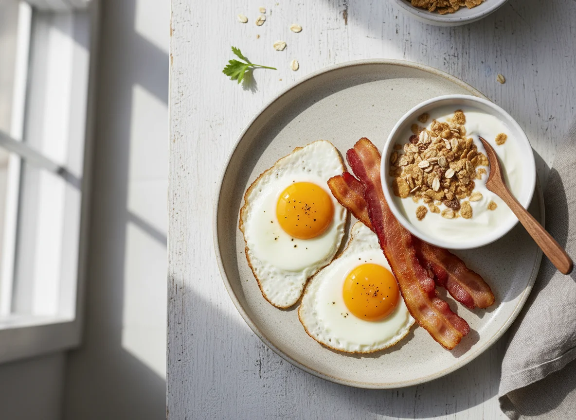 Desayuno con huevos fritos, beicon y yogur photo