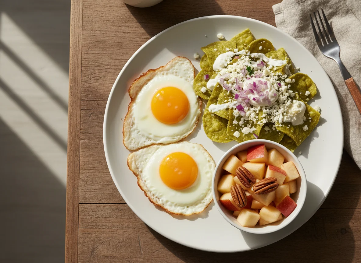 Desayuno con huevos fritos, chilaquiles y ensalada de frutas photo