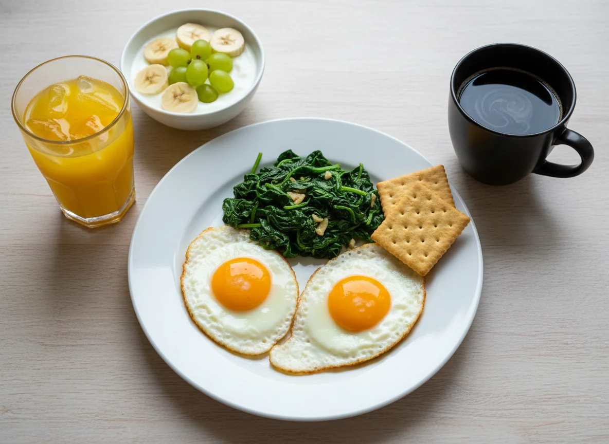 Desayuno con huevos fritos, espinacas y fruta photo