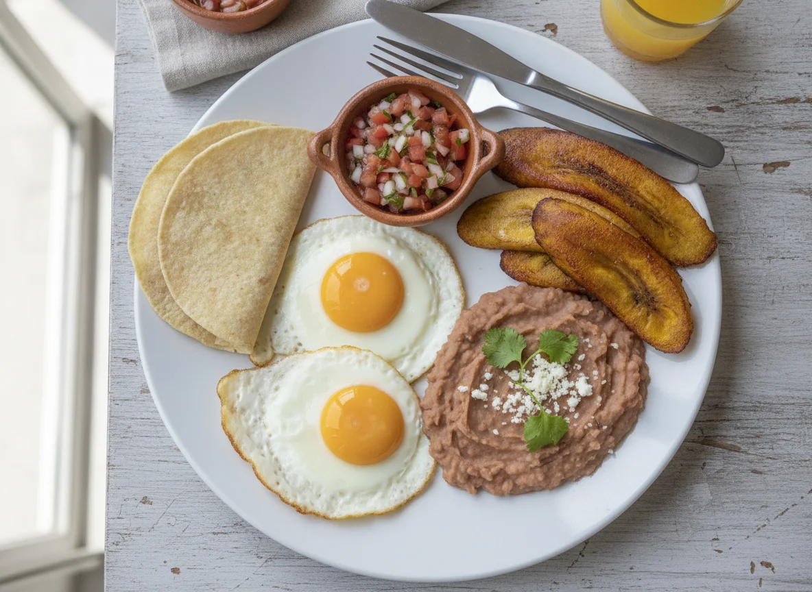 Desayuno con huevos fritos, frijoles refritos y plátano frito photo