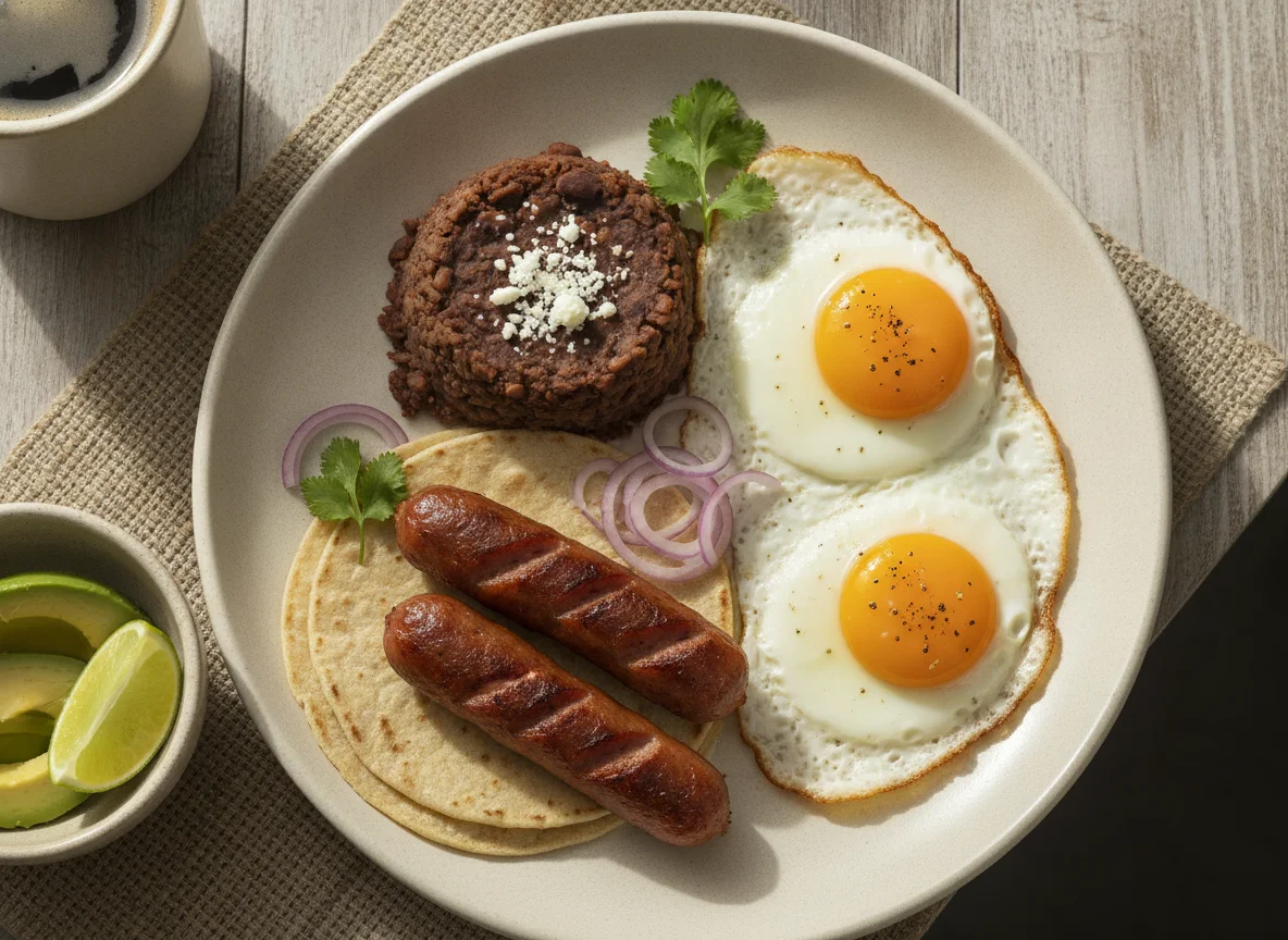 Desayuno con huevos fritos, frijoles refritos y salchicha photo