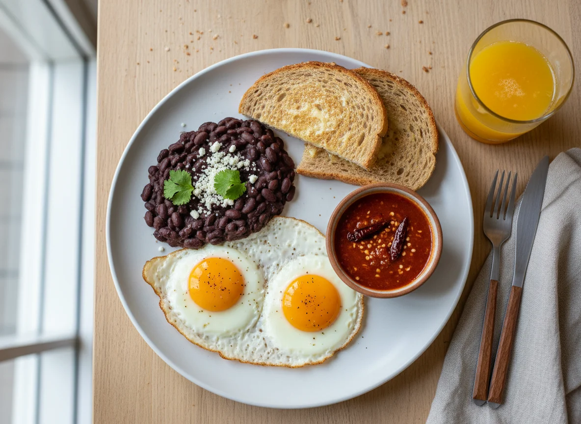 Desayuno con huevos fritos, frijoles y pan tostado photo