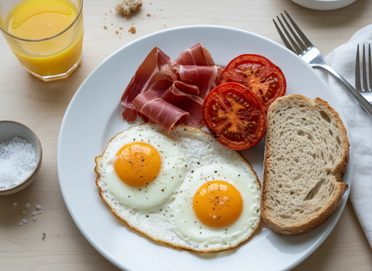Desayuno con huevos fritos, jamón, tomate y pan photo